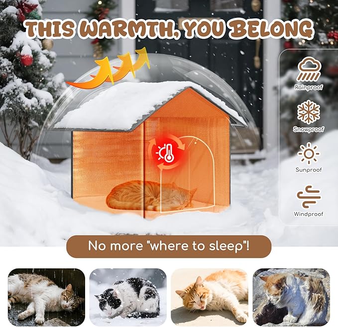 Insulated Outdoor Cat House Weatherproof, Winter Cat Dog Houses for Outdoor Cats with Heated-Foil, Waterproof Feral Stray Cat Shelter with Door Curtain and Warm Mat, Easy to Assemble, Grey