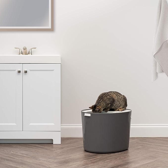 IRIS USA Large Top Entry Cat Litter Box with Lid Enclosed Covered Design Litter Catching Scatter Shield Pan Dog Proof Pet Proof Scoop Included Odor Control for Indoor Cats Kittens, Dark Gray/White