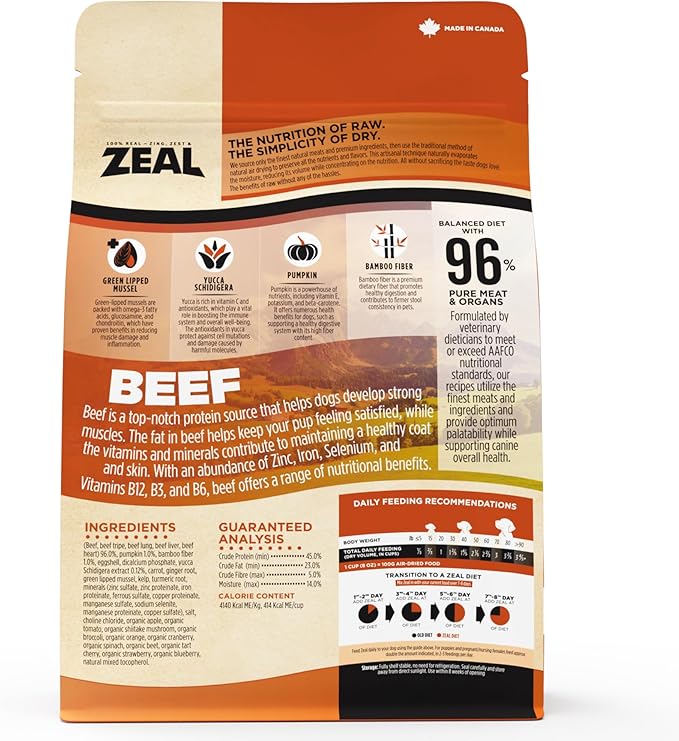 ZEAL Canada Air-Dried Beef Recipe for Dogs - High Protein, Natural Superfoods, Nutrient Rich, No Fillers, Grain Free, Complete & Balanced (Beef, 2.2 lb)