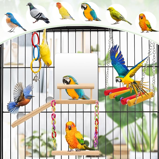 Perch Platform Bird Toys with Bird Mirror Climbing Ladder Swing,Tricolor Ring,Birds Perch Platform Bird Toys,Wooden Bird Cage Accessories,Suitable for Various Parrots and Birds