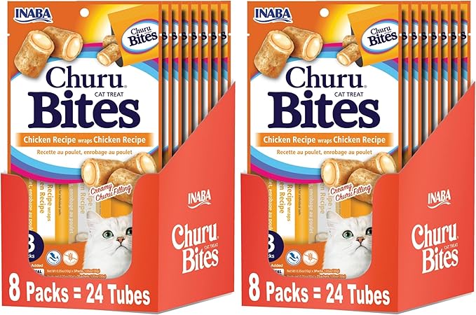 INABA Churu Bites for Cats,Grain-Free,Soft/Chewy Baked Chicken Wrapped Churu Filled Cat Treats with Vitamin E,1.05,(Pack of 16)