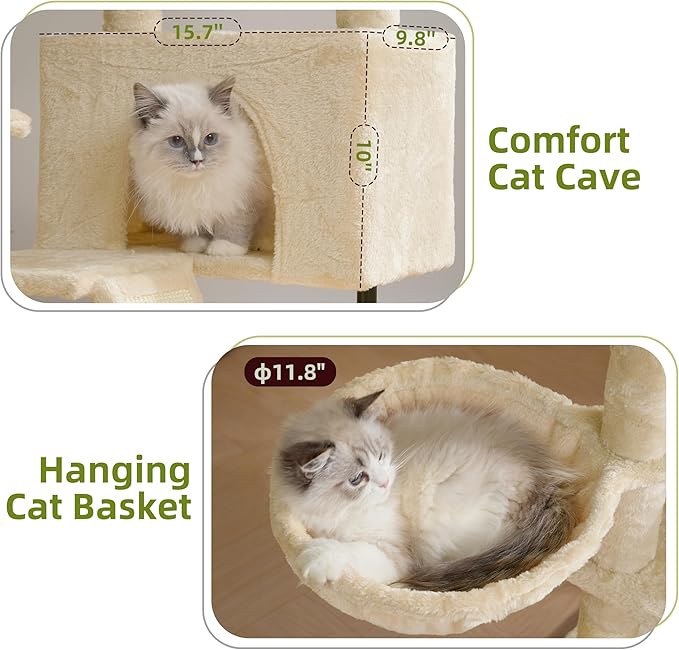 Cat Tree for Indoor Cats, Cat Tower with Scratching Post for Small Cats and Kittens, Cat House with Removable Top Platform and Fluffy Balls, Hanging Cat Basket, Beige GCT006SM