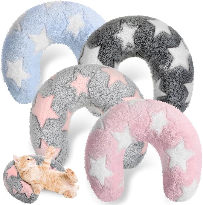 Sweetude 4 Pcs Pillows for Cats Puppy Bed Fluffy Pet Calming Soft Gifts Half Donut U Shaped Pet Neck Pillow Training Joint Relief Cervical Protection(Star,Medium)