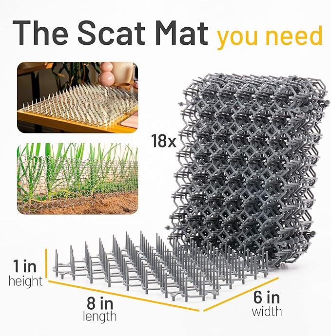 Petfolio 18 Pack Scat Mat for Cats - 8 x 6 Inch Cat Deterrent Mat with 1 Inch Spikes is A Great Cat Repellent Indoor & Outdoor to Keep Cats Away. Includes 6 Garden Staples & 10 Zip Ties (Grey)