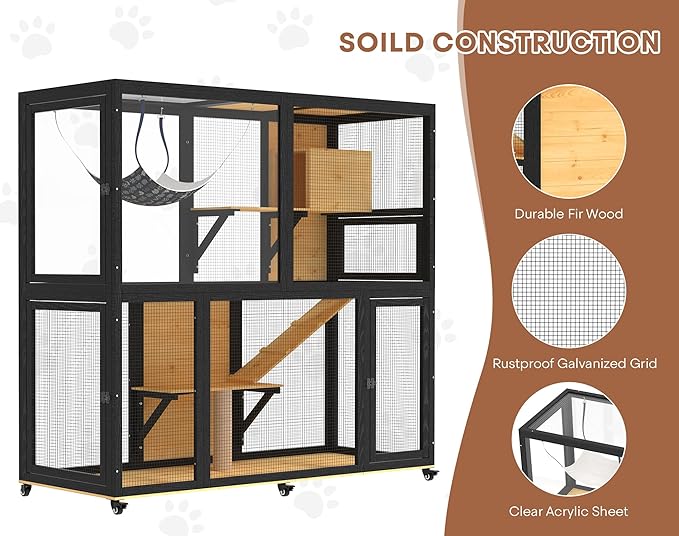 Catio Indoor Cat Enclosure on Wheels, 2-Tier Large Cat Catio for Multiple Cats, Wooden Kitty Cage with Resting Box, Platform, Sunshine Roof, Black and Yellow