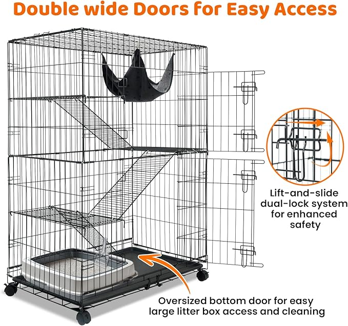 Homey Pet 50 Inch Cat Cages Indoor, Large 4-Tier Cat Crates for Indoor Cats, Collapsible Metal Wire Cat Kennel Big Multi-Level Cat Cage for Adult Cats Kitten Kitty with Hammock, Ramp, 360° Wheels