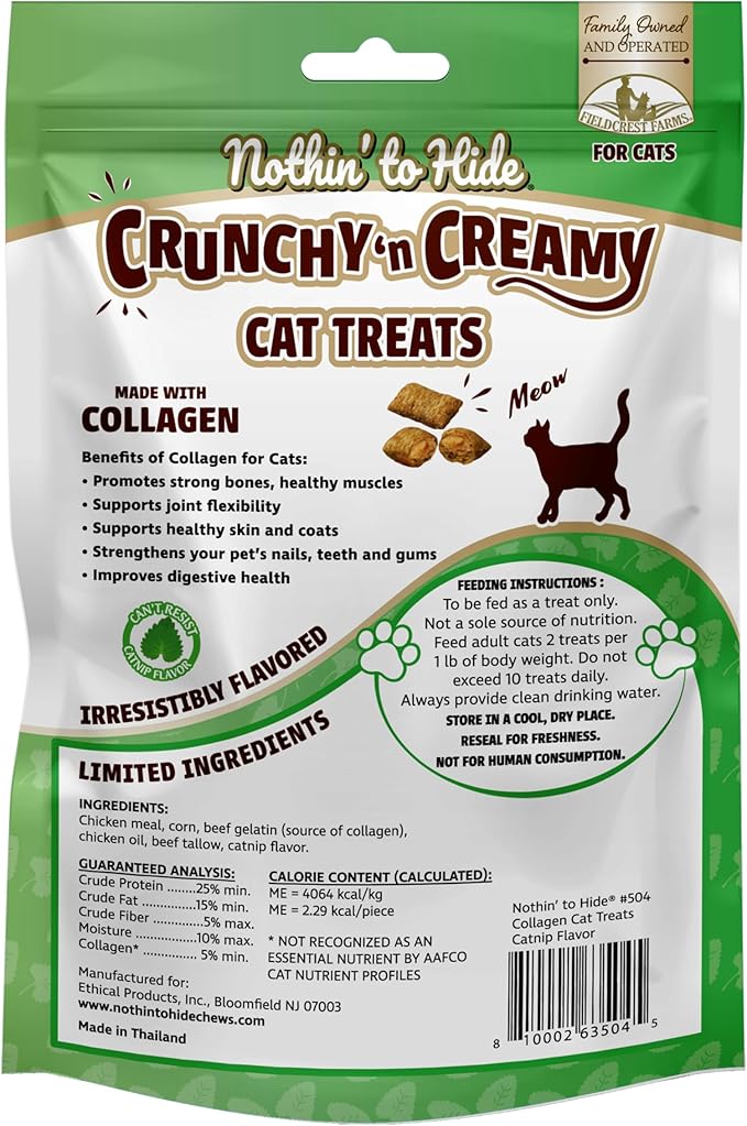Fieldcrest Farms Nothin’ to Hide Collagen Cat Treats – Crunchy & Creamy Cat Snacks, High-Protein Healthy Treats for Skin, Coat & Joint Support, Catnip Flavor, 3 oz.