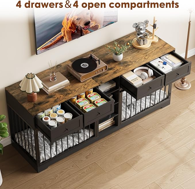 GAOMON Dog Crate Furniture for 2 Dogs, 82'' Large Dog Kennel Indoor with 4 Storage Drawers and 4 Shelves, Double Dog Crate TV Stand for Medium and Large Dogs, Black