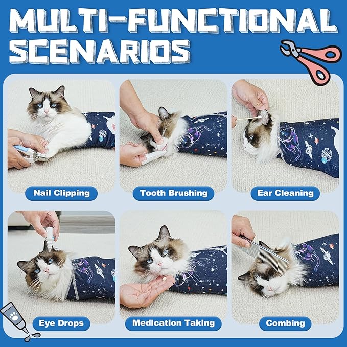 Supet Cat Grooming Wrap for Cutting Nails, 2026 Self-Adherent Cat Wrap, Anti-Escape Calming Cat Swaddle Wrap for Medicine, Nail Clipping, Teeth Brushing, Ear Cleaning (Space, XL)