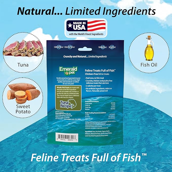 EMERALD PET Wholly Fish! Chicken-Free Feline Treats, Tuna Recipe — Tasty and Crunchy Tuna Cat Treats with Real Tuna — Chicken Free, Grain Free, Natural Cat Treats — Made in USA, 3 oz