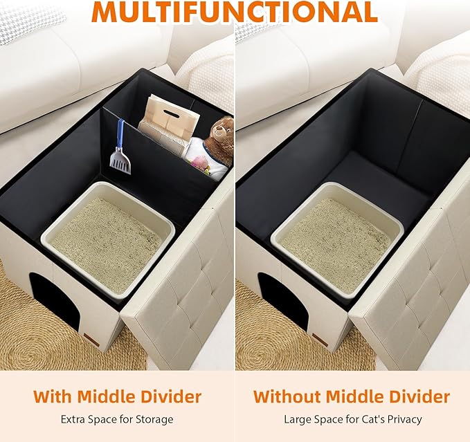 3-in-1 Cat Litter Box Enclosure for Odor Control, Hidden Litter Box Furniture Cabinet Ottoman with Flip-Up Lid, Multi-Functional Bench with Storage Footrest, Dog Proof (Cream, X-Large)