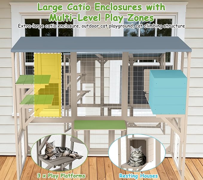 PetsCosset Catio Outdoor Cat Enclosures 4 Story Large Cat's House for Indoor Outdoor Window Catio Wooden Outside Kitty Patio with Resting Room,Waterproof Roof,Jumping Playforms (47" H Cat Catio)