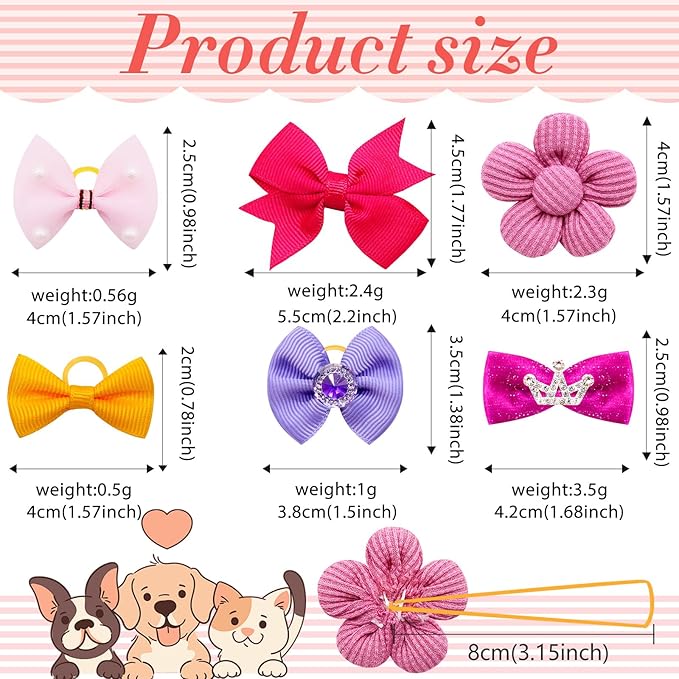 100pcs Assorted Dog Hair Bows,Cute Solid Color Dog Bows for Girl Small Medium Size Dogs,Handmade Puppy Bowknot with Rhinestone Crown Designer and Mix Shapes, Pet Hair Grooming Accessories