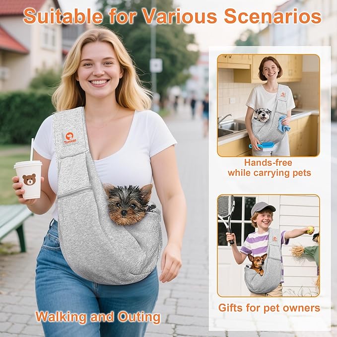 Tomkas Small Dog Sling Carrier - Zipper Pocket & Adjustable Strap - for 3-10 lbs Pets(Grey) Puppy