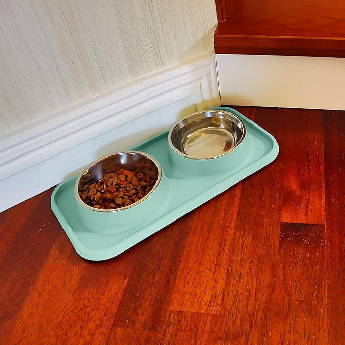 Cat Food Bowls, Cat Bowls Non-Skid and Non-Spill Silicone Pads with PP Stand, Removable Stainless Steel Food and Water Dishes for Cats, Small Size Dogs