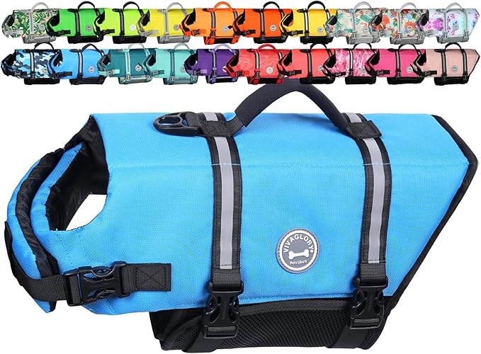 VIVAGLORY Rip Stop Dog Life Vest, Swimming Vest with Handle, Buoyancy for Doggy Puppy, Dog Life Jacket for Swimming & Boating, S, Blue