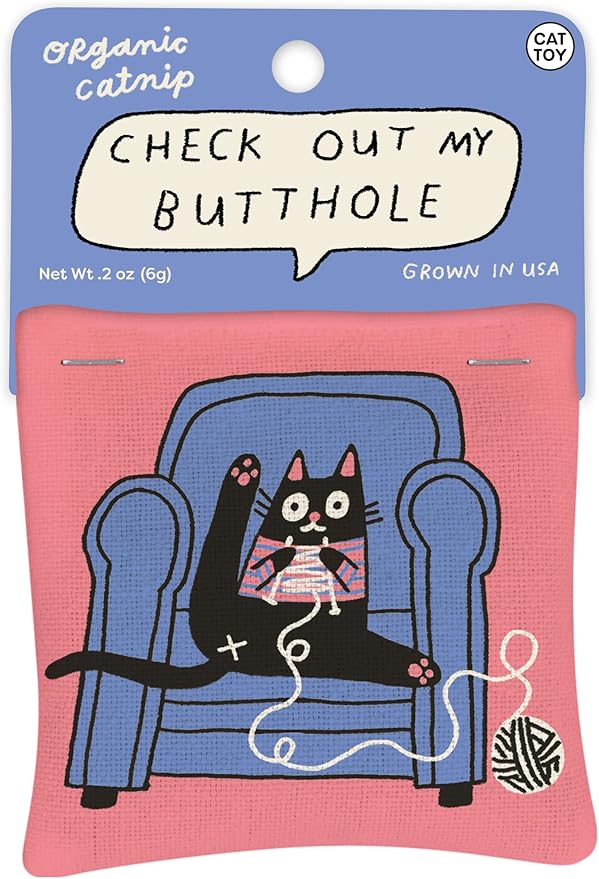 Blue Q Check Out My Butthole Catnip Toys - Durable Cat Toys for Biting, Premium USA-Grown Organic Catnip, Pet Supplies, 100% Silk-Screened Cotton Pouch w/Funny Kitty Graphics, Cat Birthday Gift
