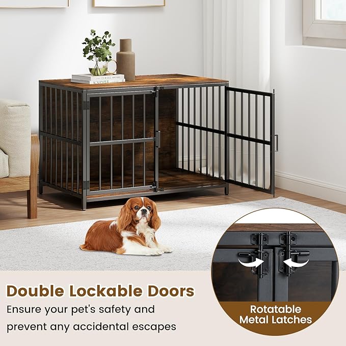 PETSITE 40 Inch Industrial Dog Crate Furniture, Heavy Duty Wooden Dog Kennel with Double Lockable Doors, Decorative Dog Cage End Side Table for Small and Medium Sized Dogs (Rustic Brown)