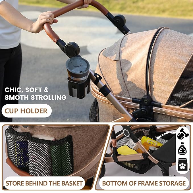 Pet Stroller for Medium Dogs, Smooth-Ride Dog Stroller with Detachable Carrier, Rubber Wheels, Car Seat Combo 3-in-1, Up to 50 lbs, for Senior Dogs & Cats, Tan