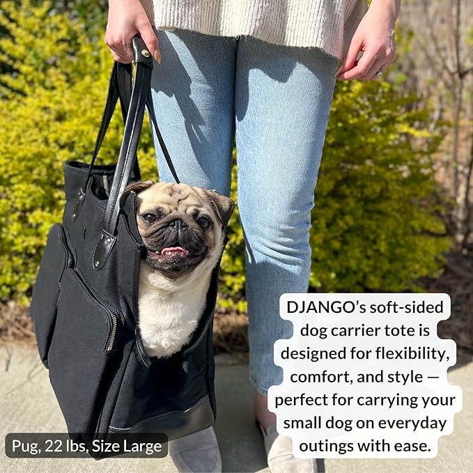 DJANGO Waxed Canvas & Leather Dog Carrier Tote Bag – Premium Soft-Sided Travel Dog Purse with Safety Leash, WR Lining, Zipper Pockets – Everyday Pet Carrier for Small Dogs up to 20 lbs (Black, Large)