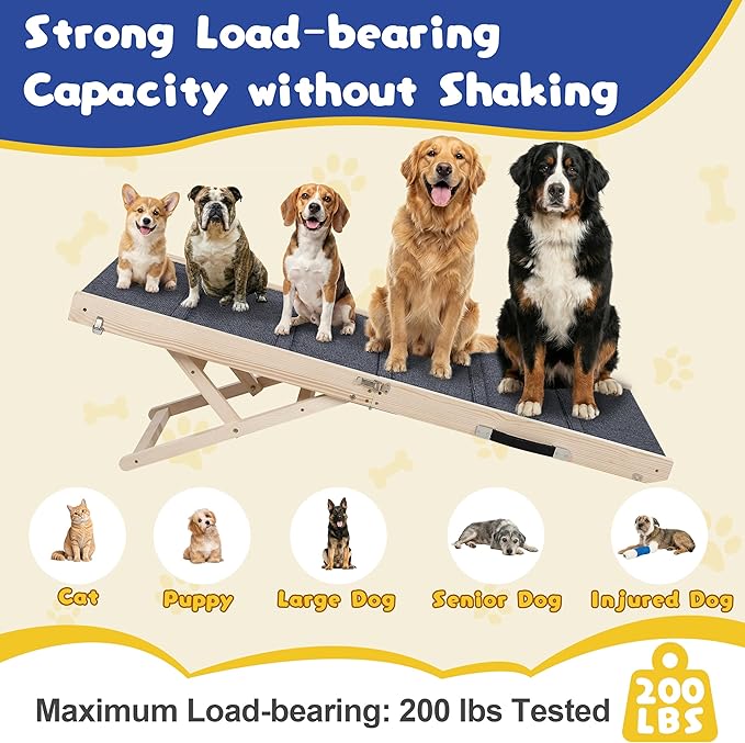 Dog Ramp for Bed & Couch - Extra 51.2" Long Adjustable Height 9.5" to 24" Wooden Non-Slip Pet Ramp, Portable Foldable Doggie Car Ramp for Small Medium Large Dogs, 200 LBS Load