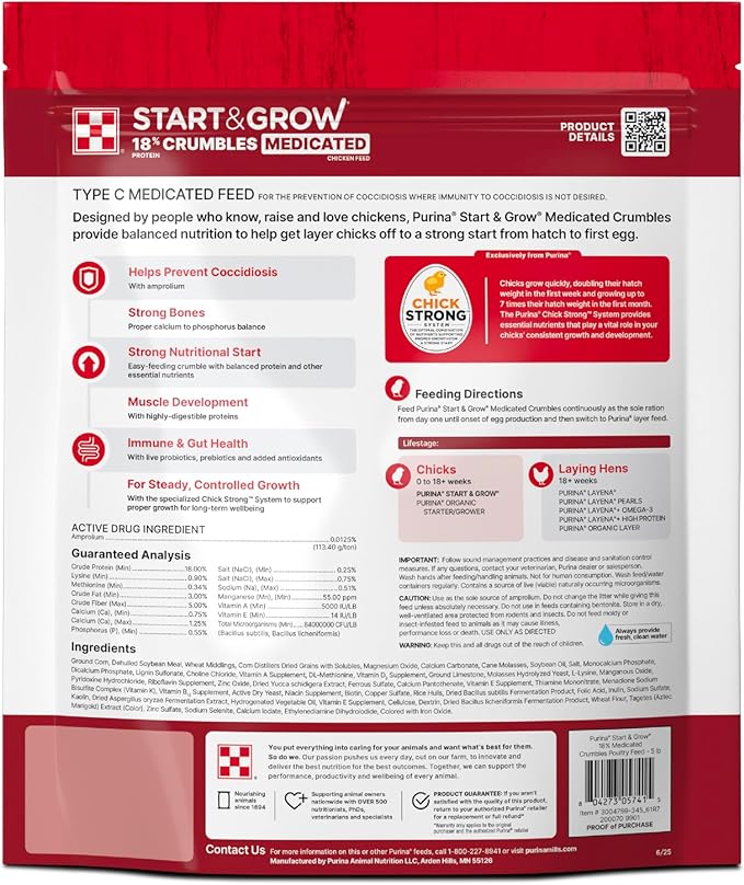 Purina Start & Grow | Nutritionally Complete Medicated Chick Feed Crumbles | 5 Pound (5 lb.) Bag