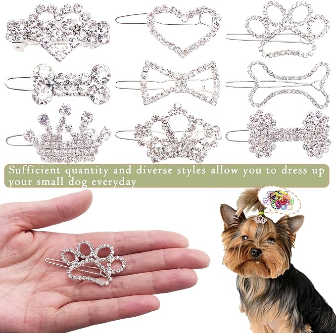 PET SHOW 10pcs Crystal Small Dogs Hair Clips Tiara Bone Paw Heart with 200pcs Rubber Bands Grooming Hair Accessory