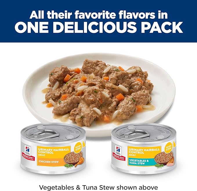 Hill's Science Diet Adult 1-6 Urinary Hairball Control Wet Cat Food, Variety Pack: Chicken, Tuna & Vegetables Stew, 2.9 oz. Cans, 12-Pack