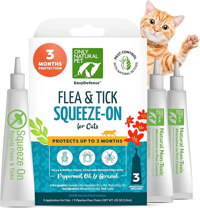 Only Natural Pet Flea and Tick Prevention for Cats - EasyDefense Remedy for Your Pets - Natural Care Control Squeeze-On Drops - Tick and Flea Protection - Three Months Supply (Single)