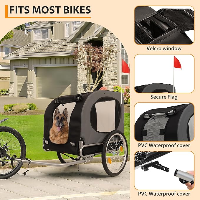 Dog Bike Trailer for Medium & Large Dogs - 16" Air-Filled Tires Pet Bicycle Carrier with Universal Coupler | Waterproof Oxford Fabric Cargo Cart for Medium/Large Dogs - Safe Cycling Access (Grey)