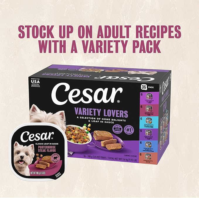 Cesar Adult Wet Dog Food Steak Lovers Variety Pack with Real Meat, 3.5 oz. Easy Peel Trays, 24 Count (Pack of 1)