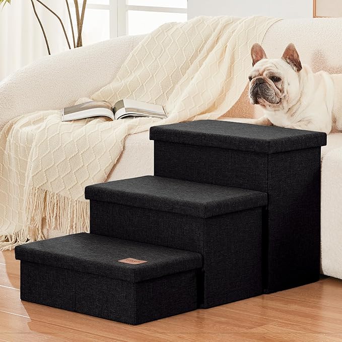 Love's cabin Dog Stairs with Storage, 3 Steps Wider Dog Steps for High Bed 18" H, Foldable Pet Stairs for Small Medium Large Dogs Cats for Bed Couch Car, Ramp with Zip up to 200 lbs, Black