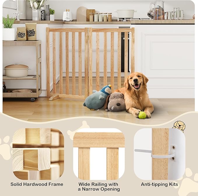 30" Height Tall Freestanding Pet Gate, Solid Wood Folding Safety Fence Wooden Dog Gate with 2 PCs Support Feet Ideal for Stairs, Doorways, Halls, Kitchens, Heavy Duty Gates, 2 Panels, Natural