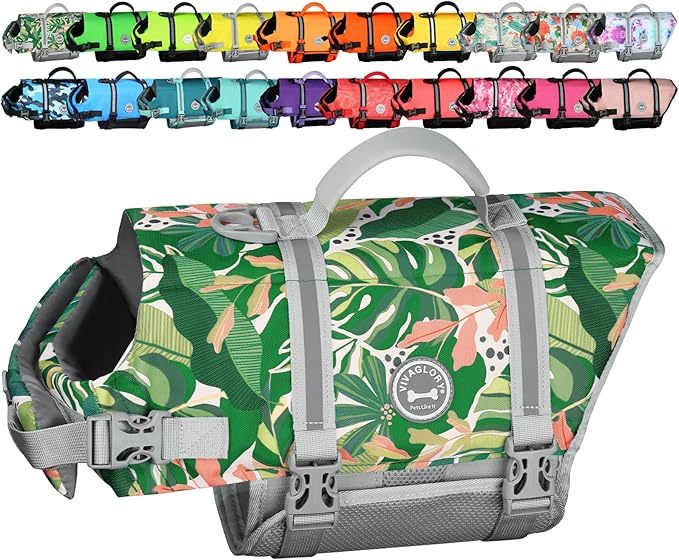 VIVAGLORY Rip Stop Dog Life Vest, Swimming Vest with Handle, Buoyancy for Doggy Puppy, Dog Life Jacket for Swimming & Boating, XL, Floral