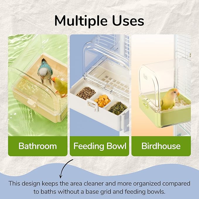 Hanging Bird Bath for Cage with Bowls & Mesh Bottom - 3-in-1 Multifunction Bird Bath/Bowl/House, Bird Shower for Lovebirds, Finches, Parakeets, Budgies, and Other Small to Medium Birds - Green