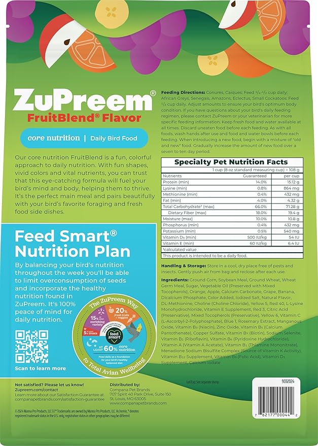 ZuPreem FruitBlend Bird Food for Medium Large Birds, Parrots, Conures, 10 lbs