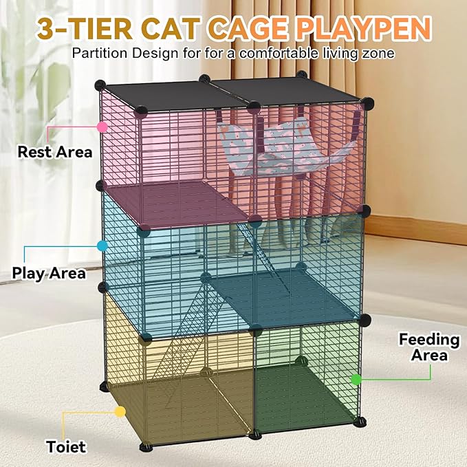 Cat Cage, 3-Tier DIY Catio Cat Enclosures, 24" x 16" x 36" Cat Playpen Indoor & Outdoor with Hammock, Detachable Metal Wire Kennel Cats Crate, 2x1x3 Exercise Place for 1-2 Cats/Kitten