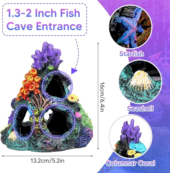 Fish Tank Decoration Betta Fish Aquarium Decorations Accessories, Aquarium Colorful Coral Reef Set, Coral Mountain x 1, Starfish Barrel x 1, Aquarium Decor Plants x 6