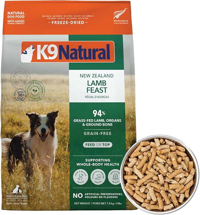 K9 Natural Lamb Freeze Dried Dog Food, High-Meat Natural Complete Meal or Meal Toppers for Dogs, Grass-Fed Lamb from New Zealand, Grain-Free, GMO-Free, Complete & Balanced Nutrition, 4lb