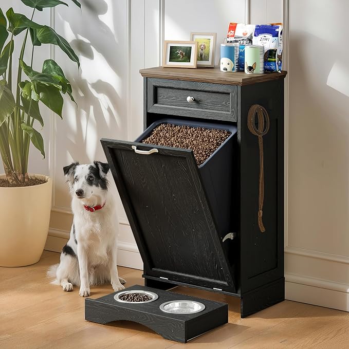 FIMELLO 13 Gallons Dog Feeding Station, Tilt-Out Dog Food Storage Cabinet with Drawer,Pet Feeder Cabinet,Black Oak