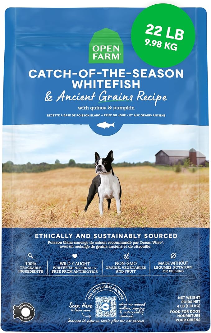 Open Farm, Ancient Grains Dry Dog Food, Protein-Rich & Nutrient Dense, 90% Animal Protein Mixed with Non-GMO Fruits, Veggies and Superfoods, Catch-of-the-Season Whitefish Recipe, 22lb Bag
