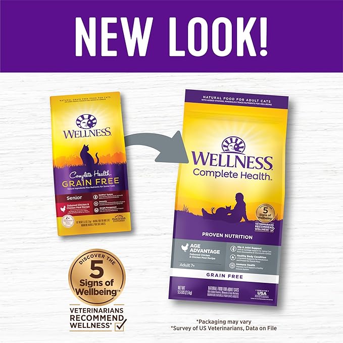 Wellness Complete Health Senior Dry Cat Food for Indoor and Outdoor Cats, Grain-Free, Natural, Age Advantage Chicken & Chicken Meal (5 Pound Bag)