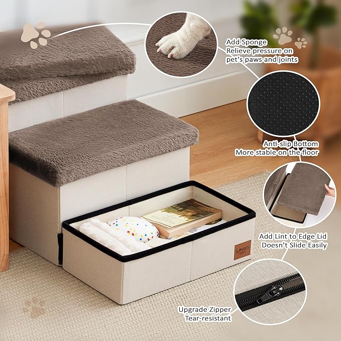 Love's cabin Dog Stairs for High Bed 18" H, 3 Steps with Furry Lids Pet Stairs for Small Medium Large Dogs, Foldable Cat Ramp with Zip up to 200 lbs, Brown