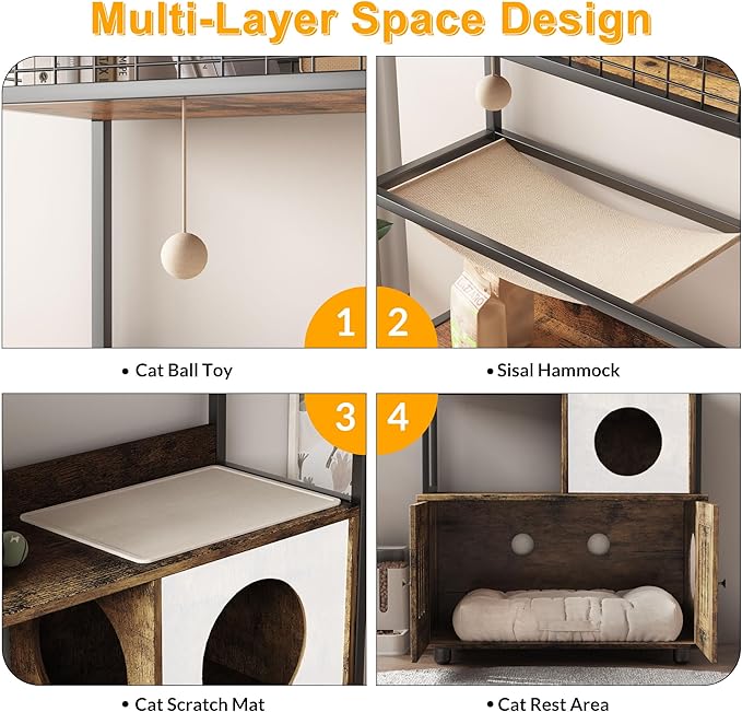 Cat Litter Box Enclosures with Storage Rack, Enclosed Litter Box Furniture, Hammock, Sisal Balls and Cat Scratching Mat