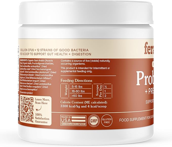 Fera Pets Probiotics for Dogs & Cats with Prebiotics - USDA Organic - Gut Health Powder Supplement with 12 Strains & 5 Billion CFUs - Supports Immunity, Energy and Skin & Coat - 60 Scoops