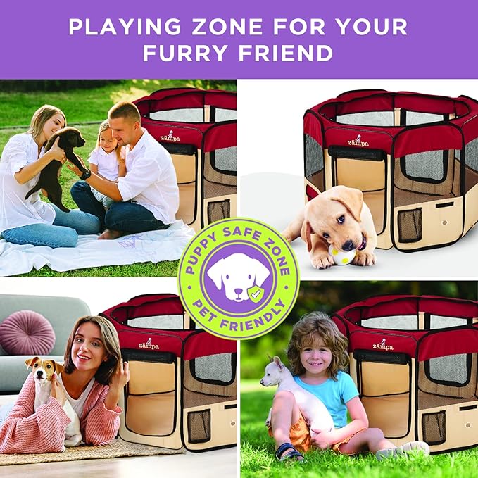 Zampa Puppy Pop Up Portable Playpen for Dog and Cat, Foldable | Indoor/Outdoor Kitten Pen & Travel Pet Carrier + Carrying Case (Red, Small (36"x36"x24"))