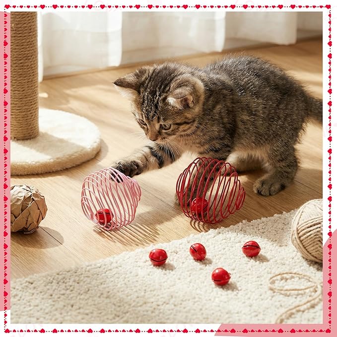 Jecery 5 Pcs Cat Spring Balls Toys Stretchable Rolling Balls Colorful Playful Coils Interactive Action Toy Caged Rats for Kitten Pet Supplies (Heart Bel,Pink Red)