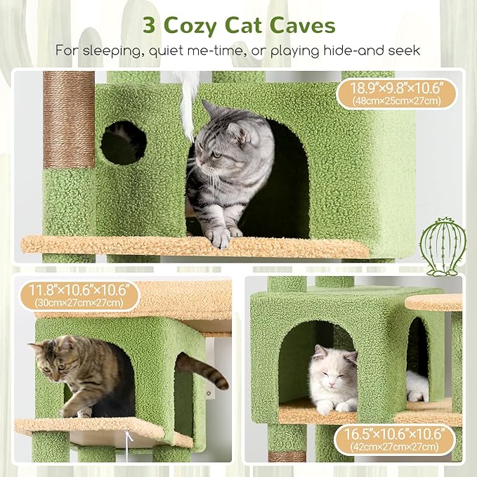 Globlazer Corner Cactus Cat Tree 66 inch Multi-Level Cactus Climbing Tower Kitty Condos Cat Scratching Tower for Indoor Multiple Cats with Large Platform, 3 Cat Caves, F66, Green