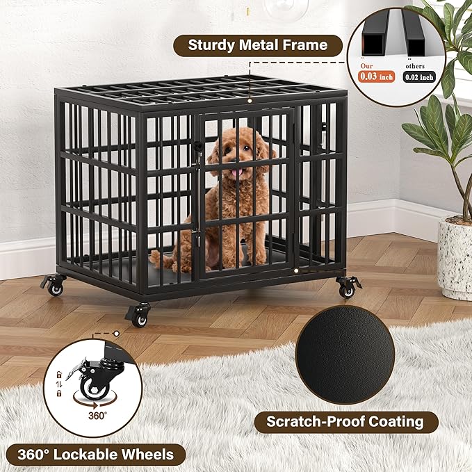 VERIFURTY 24 Inch Heavy Duty Dog Crate for Small Dogs with Self-Locking Latch, Escape-Proof Steel Kennel Indoor, Double Door Metal Pet Cage with Wheels and Removable Floor