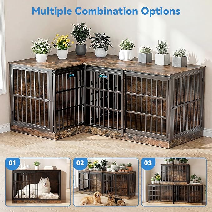 Petrova 47" Dog Crate Furniture for 1 Dogs, Heavy Duty Indoor Dog Kennel for Medium/Large Dogs, Wooden Dog Cage with Sliding Barn Door, Name Tag, Rustic Brown